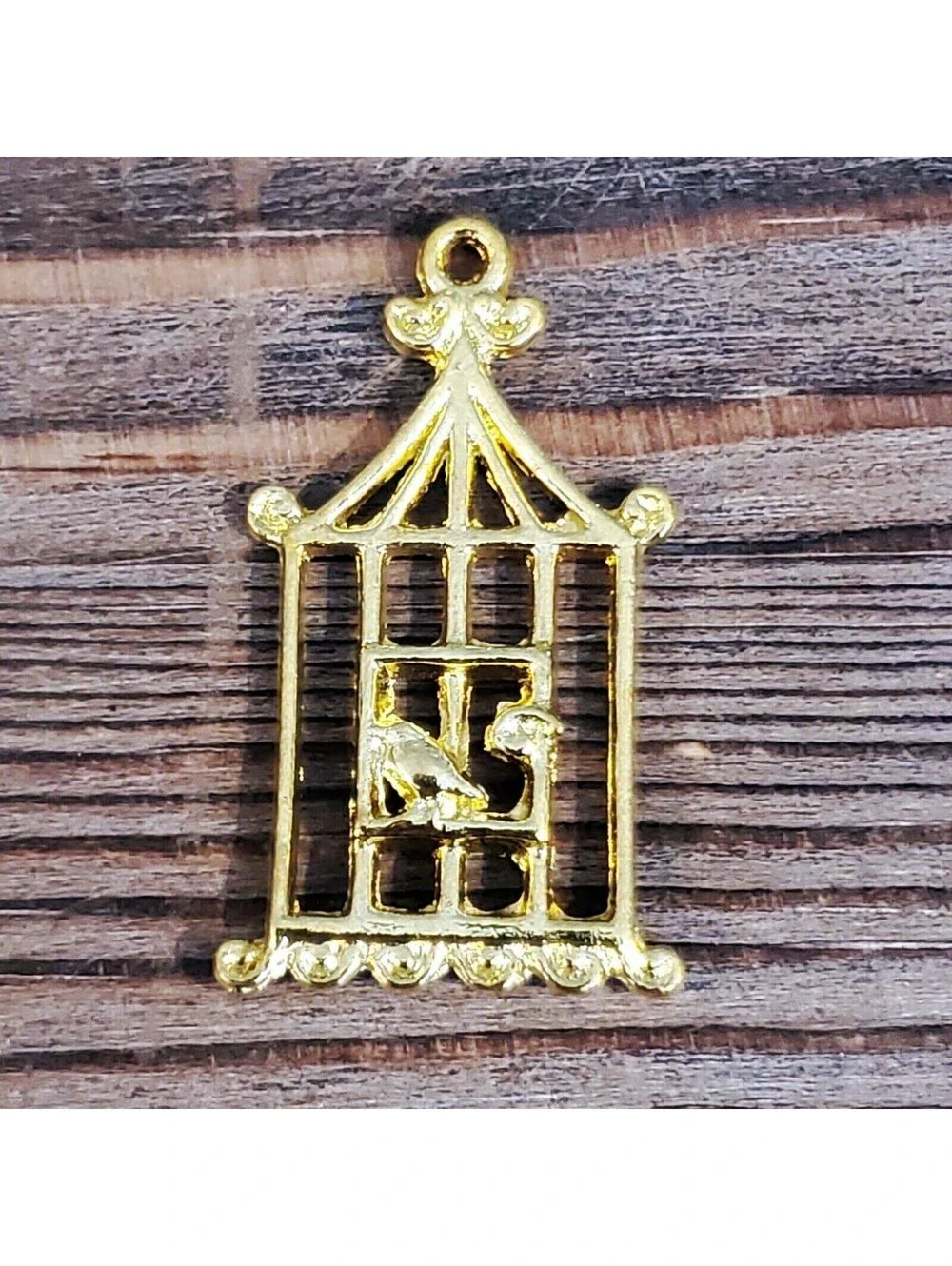Gold 14K Plated Pewter Art Deco Nouveau Bird & Cage Pendants 29x18mm 2 pcs